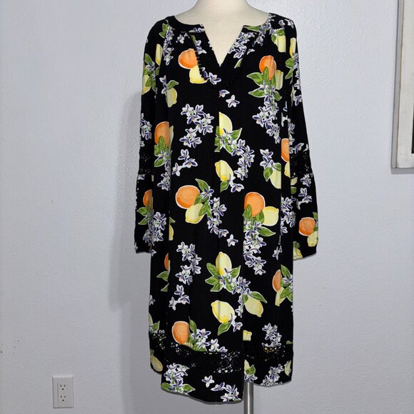 Crown & Ivy XL Black Citrus Lemons Oranges Boho Dress Pom Trim Crochet Rayon - Picture 2 of 15